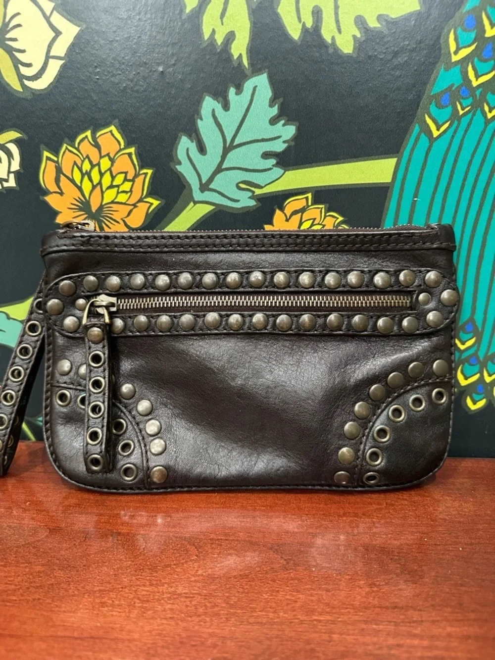 Vintage Bally Studded Leather Wristlet Clutch Y2K Moto Brown - Picture 3 of 11